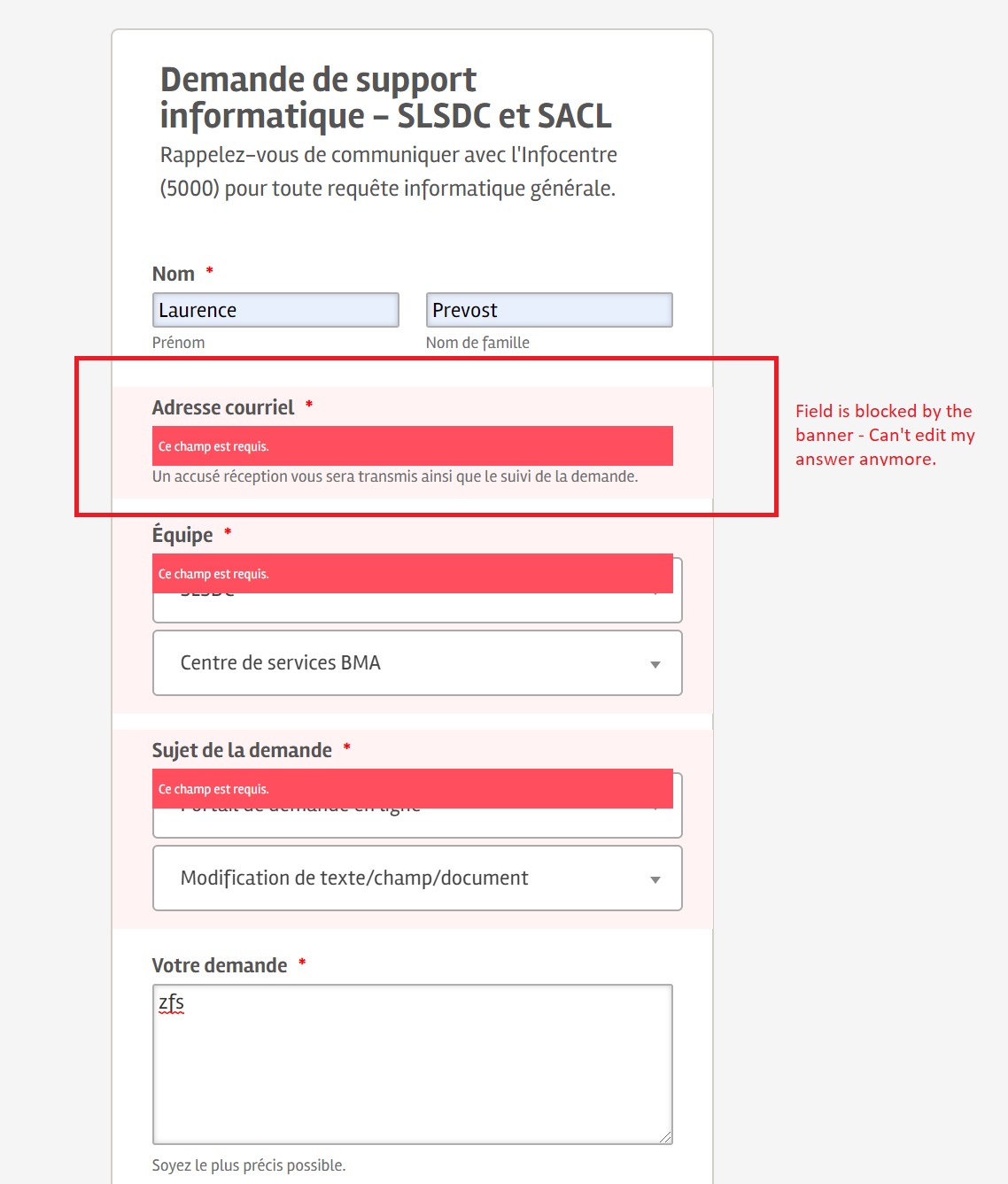 Required error message appears on top of the field.